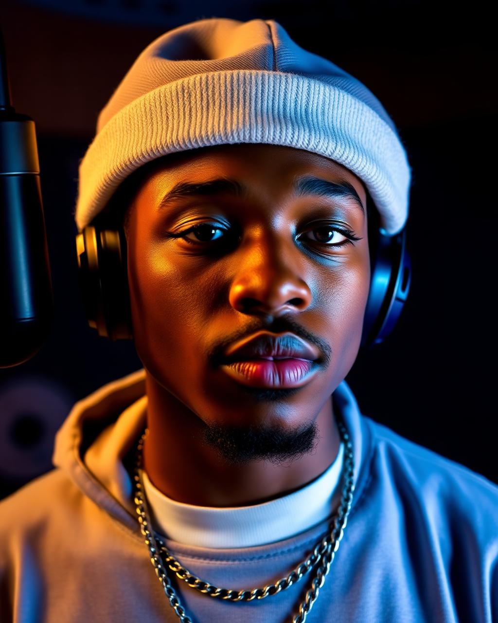 Portrait of hip-hop artist Kayo Marz in the studio wearing headphones