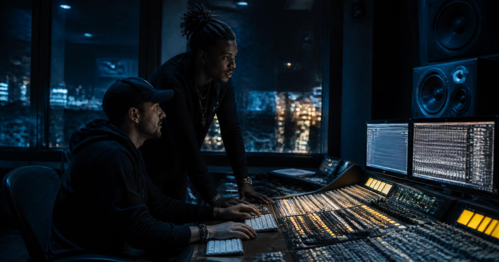 Producer and artist working together at a mixing console at night