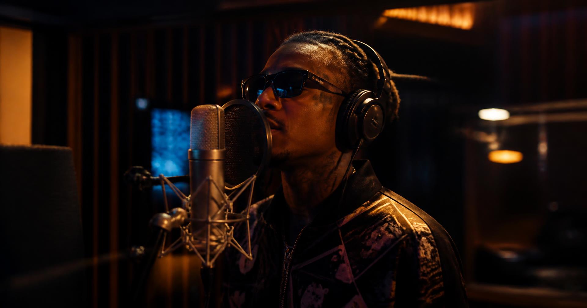 Artist recording vocals in a warmly lit professional vocal booth