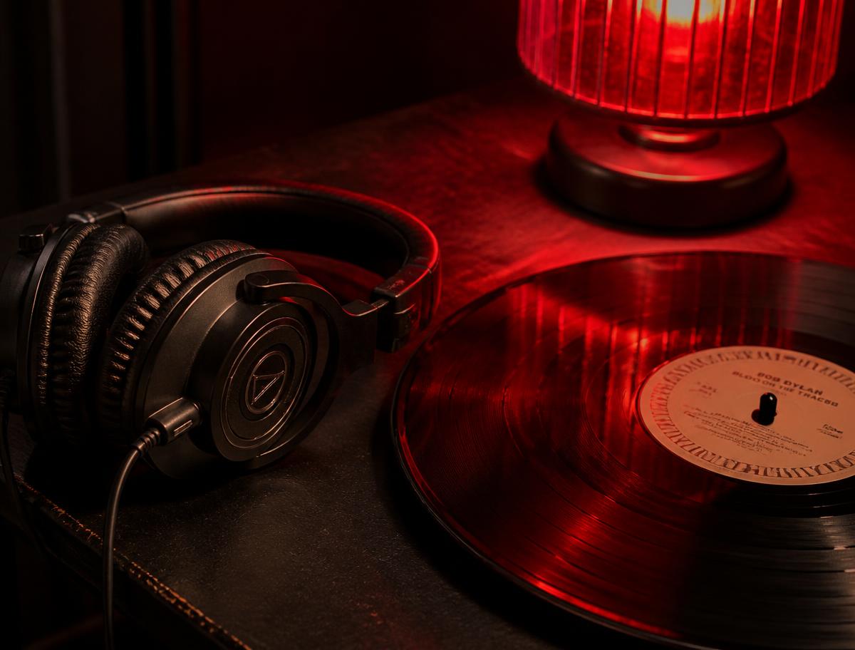 Vinyl record and studio headphones on a black table under a red light