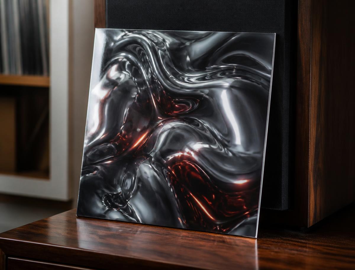 Album cover artwork with liquid chrome texture and red highlights