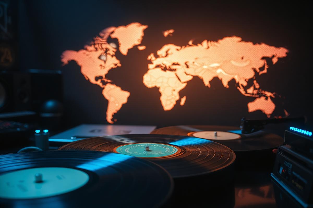 Global music distribution dashboard on screen