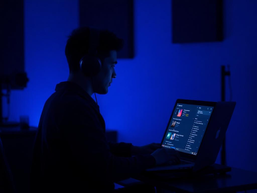 Curator listening to a playlist on headphones in a dark studio