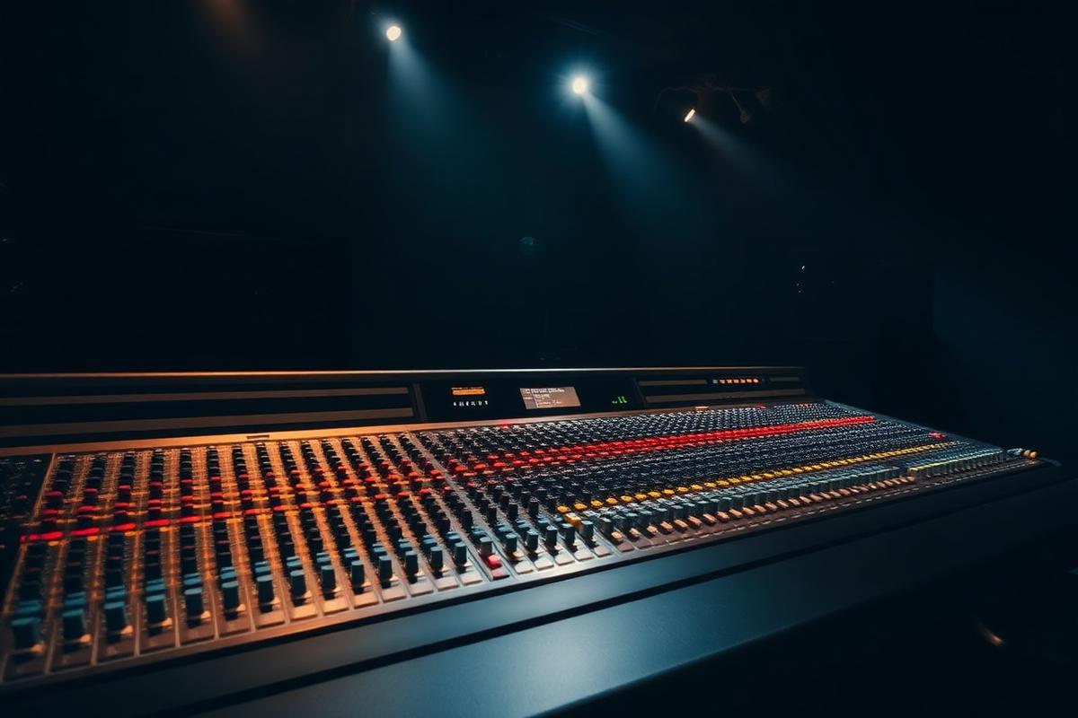 Large analog mixing console in a dark recording studio