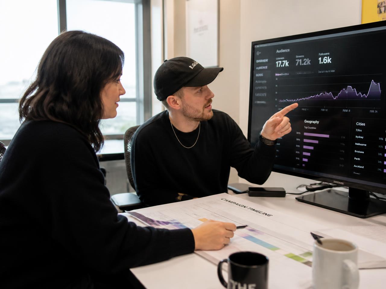 Team reviewing streaming analytics charts on a large monitor