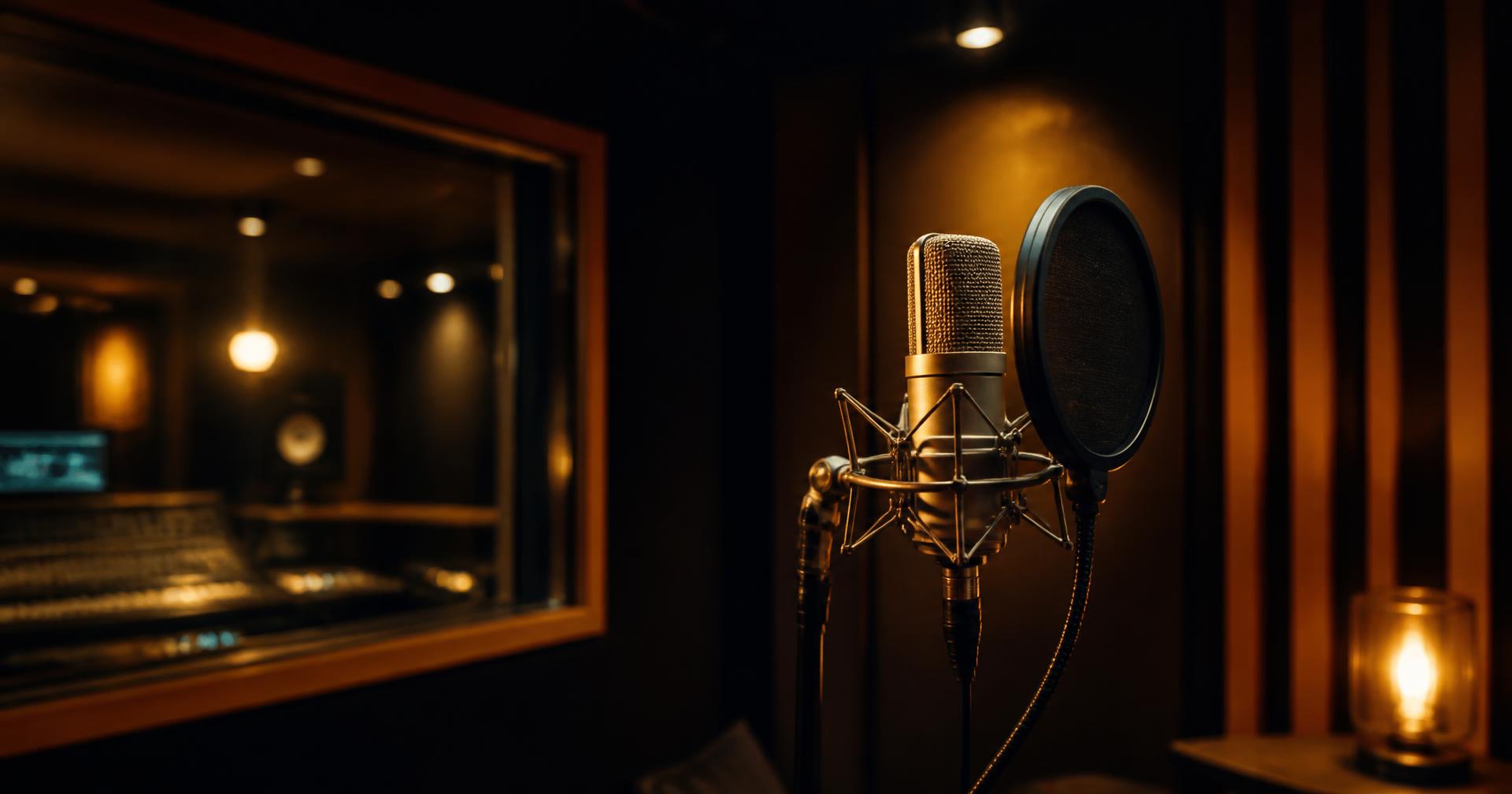 Studio vocal booth microphone under warm lighting